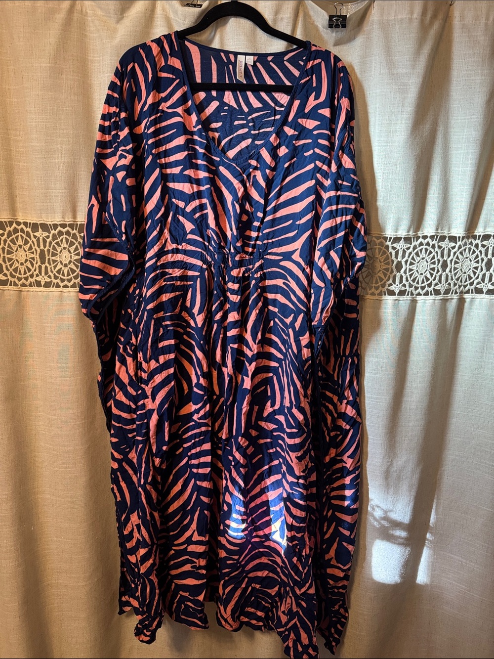 Women's Navy and Coral Print V-Neck Dress